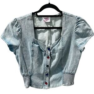Dirty Dancing Vintage 80's Cropped Jeweled Buttons Top Blue Denim Size Medium